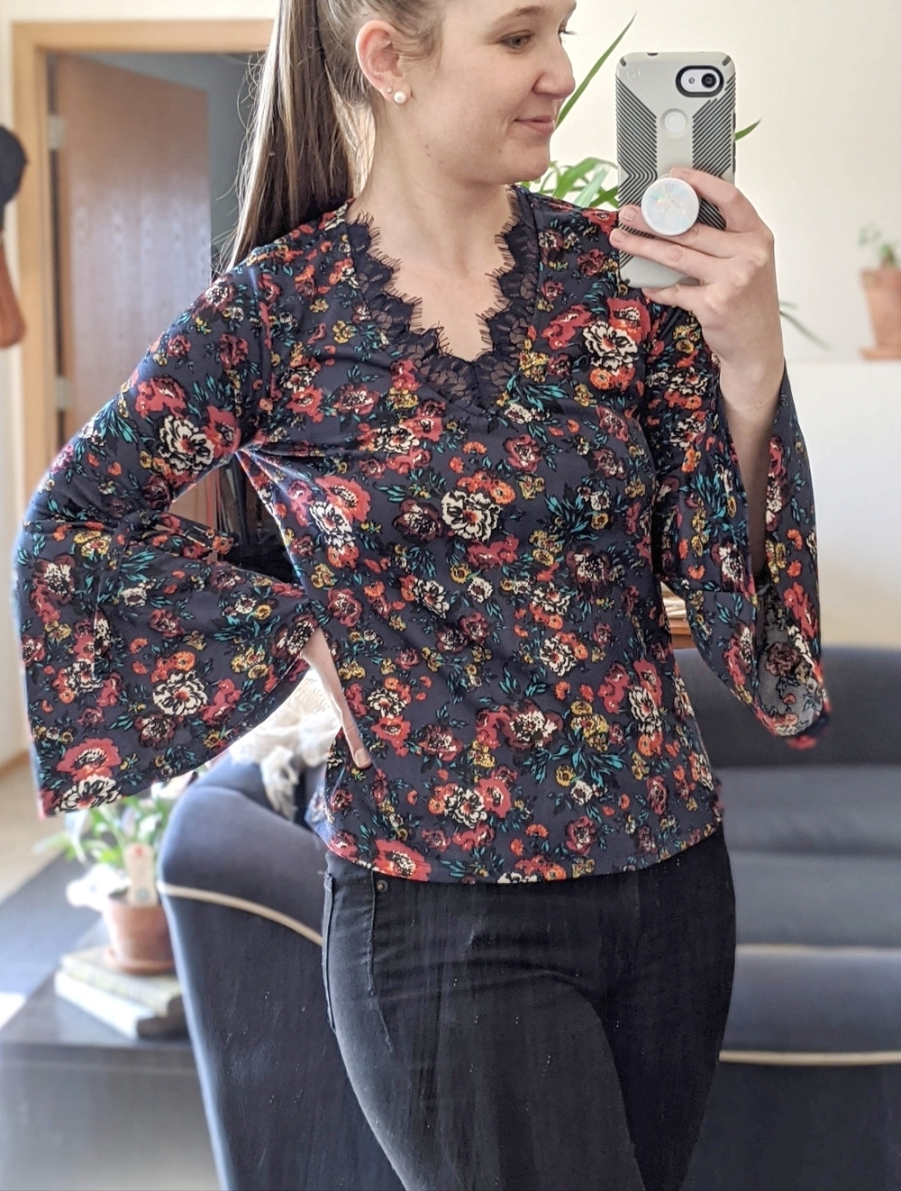 Monteau Floral Bell Sleeve Lace Trim Blouse Top